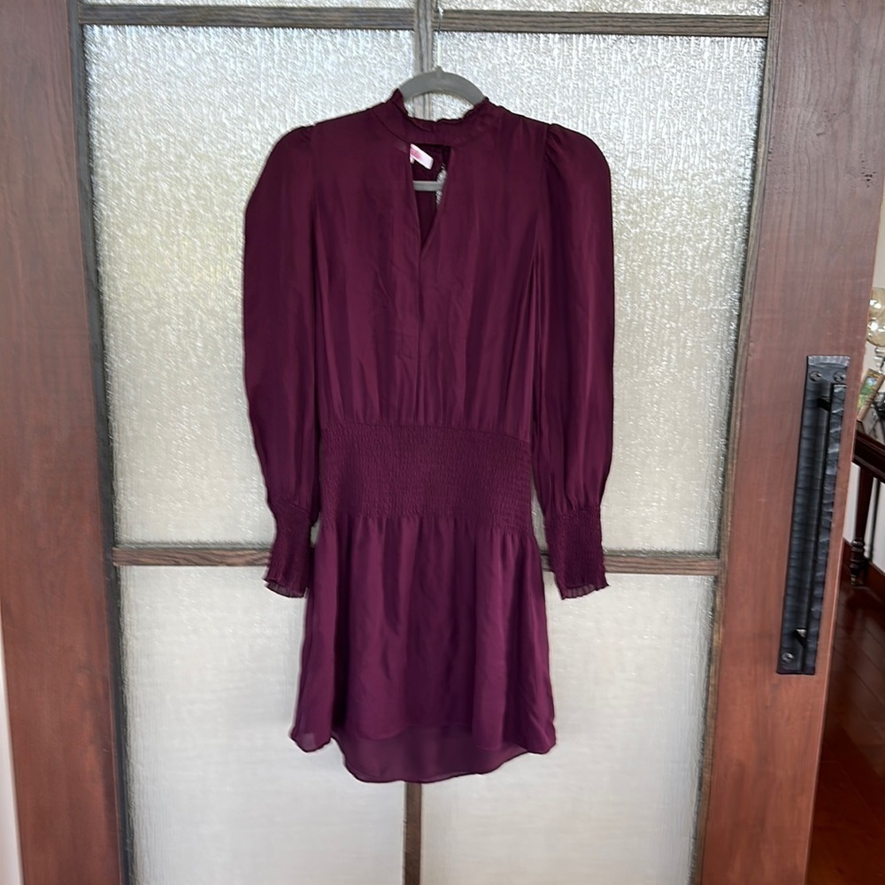 Parker gathered sleeve and waist mini dress in size Small. Color is wine